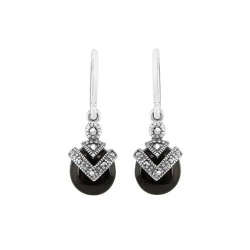 Art Deco Black Onyx & Marcasite Drop Earrings & Pendant Set Image 2
