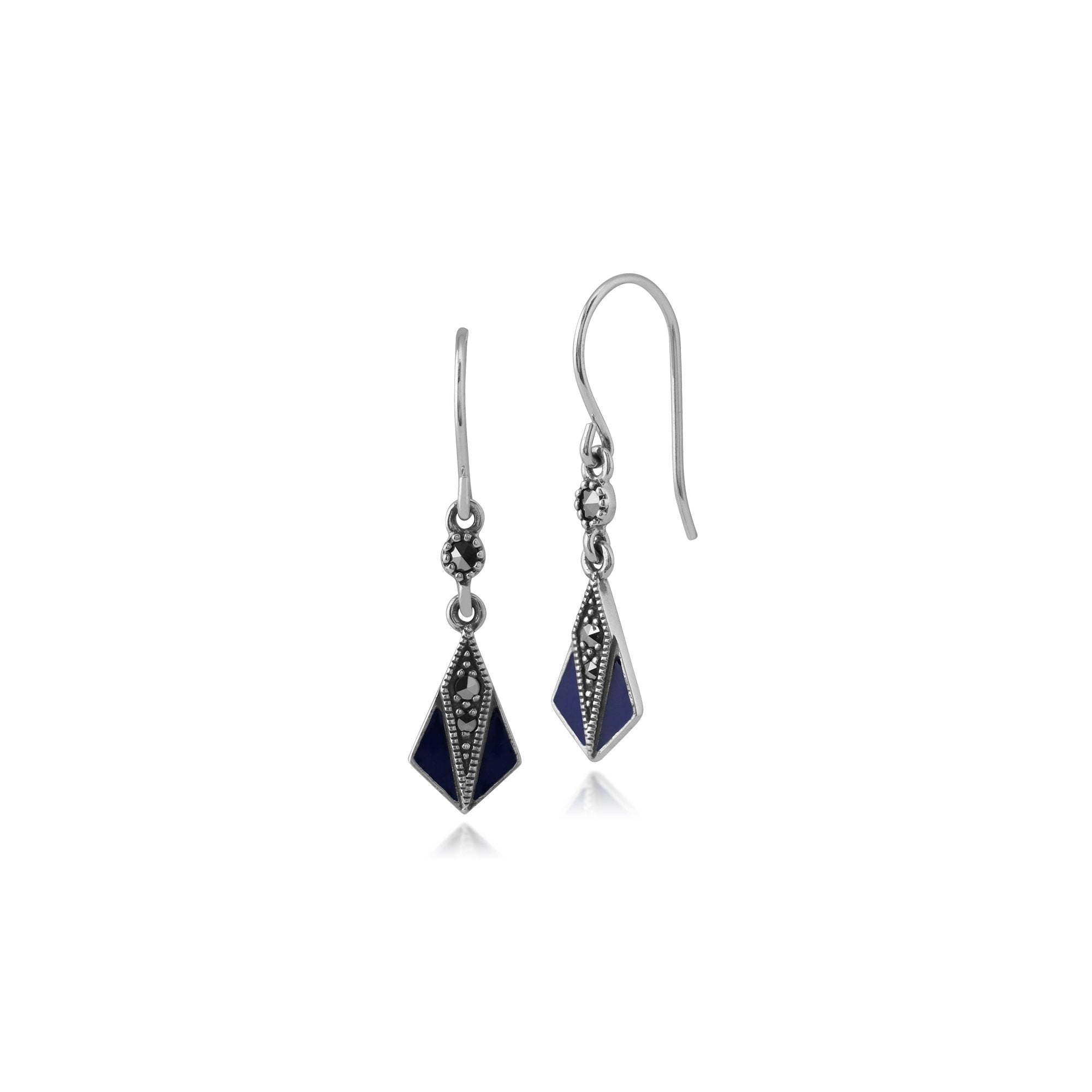 Art Deco Style Round Marcasite & Blue Enamel Fan Drop Earrings in 925 Sterling Silver