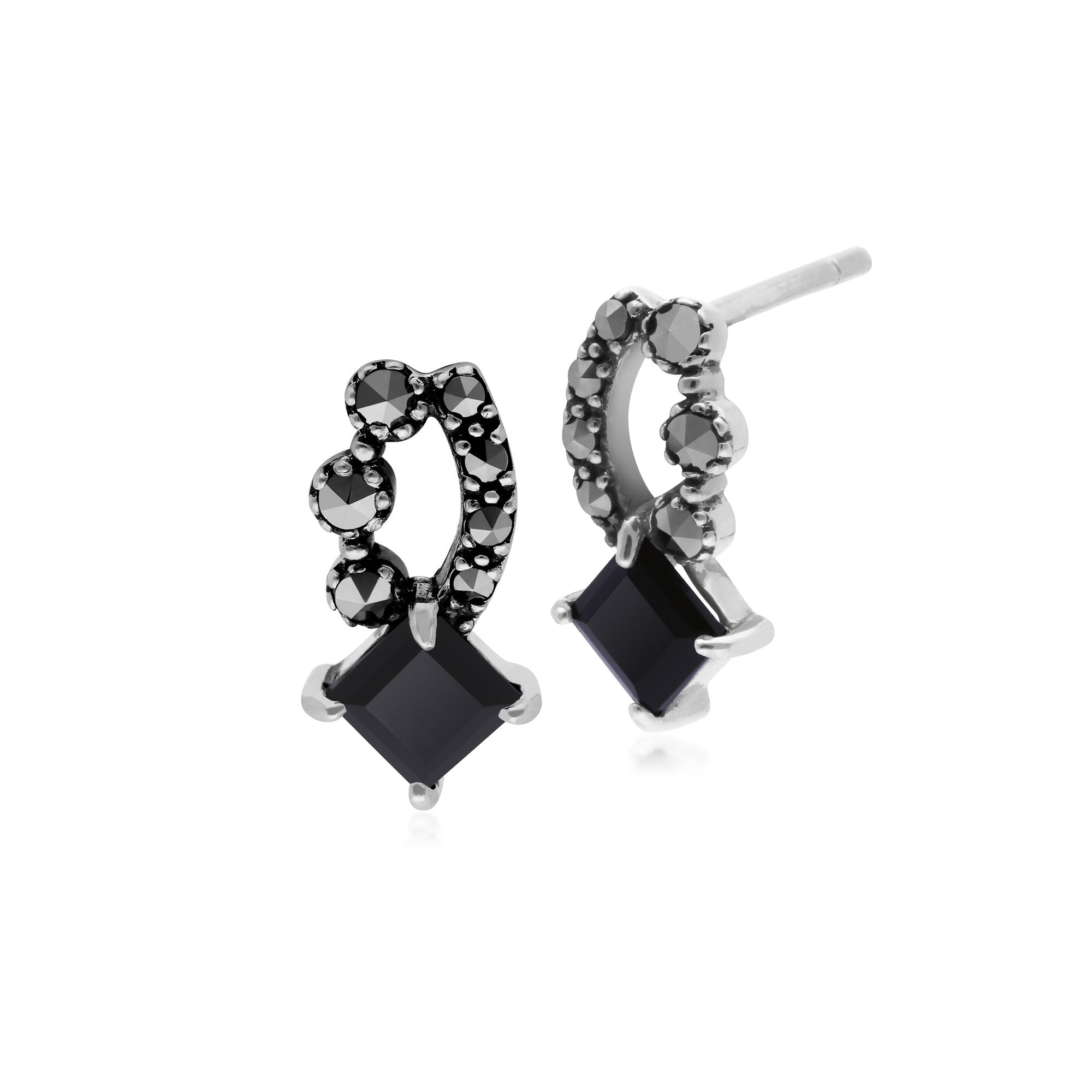 Art Nouveau Style Square Black Onyx  & Marcasite Stud Earrings in 925 Sterling Silver 