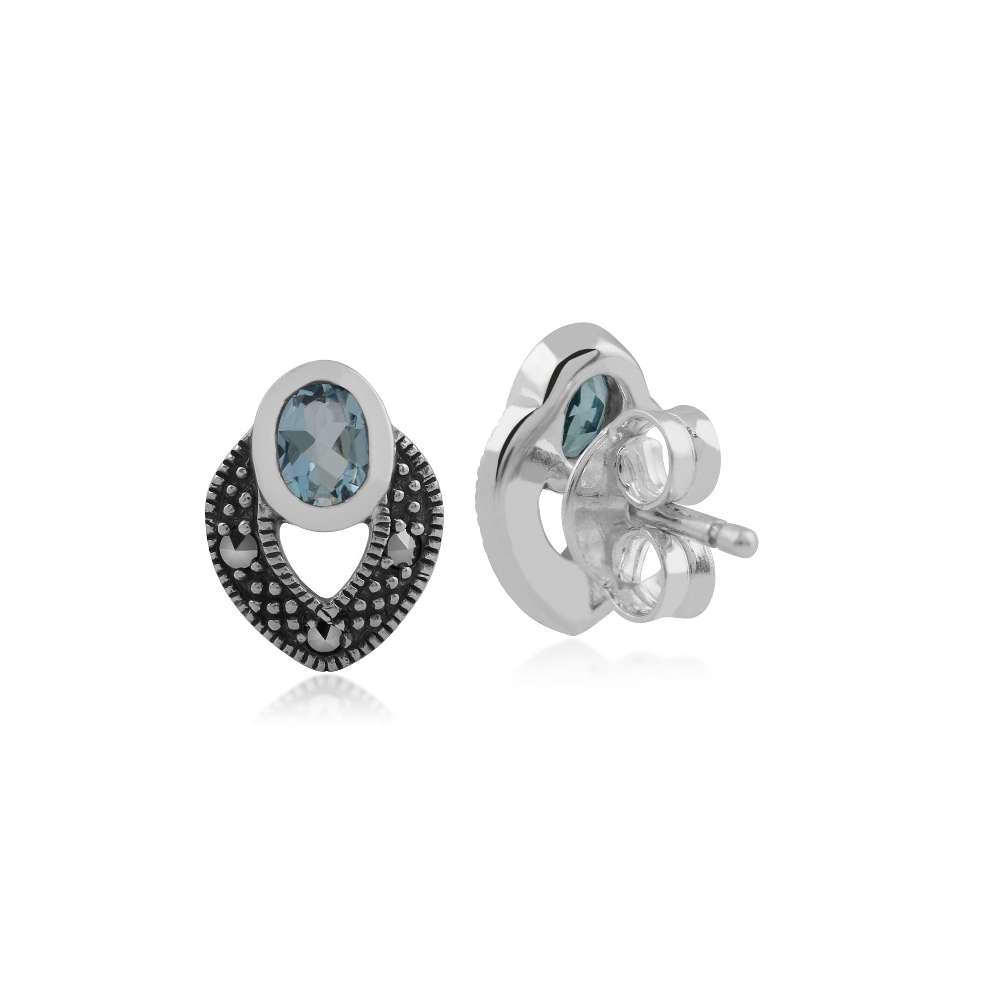 Art Deco Style Oval Aquamarine & Marcasite Stud Earrings in 925 Sterling Silver