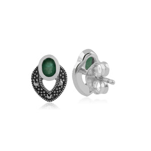 Art Deco Style Oval Emerald & Marcasite Stud Earrings in 925 Sterling Silver