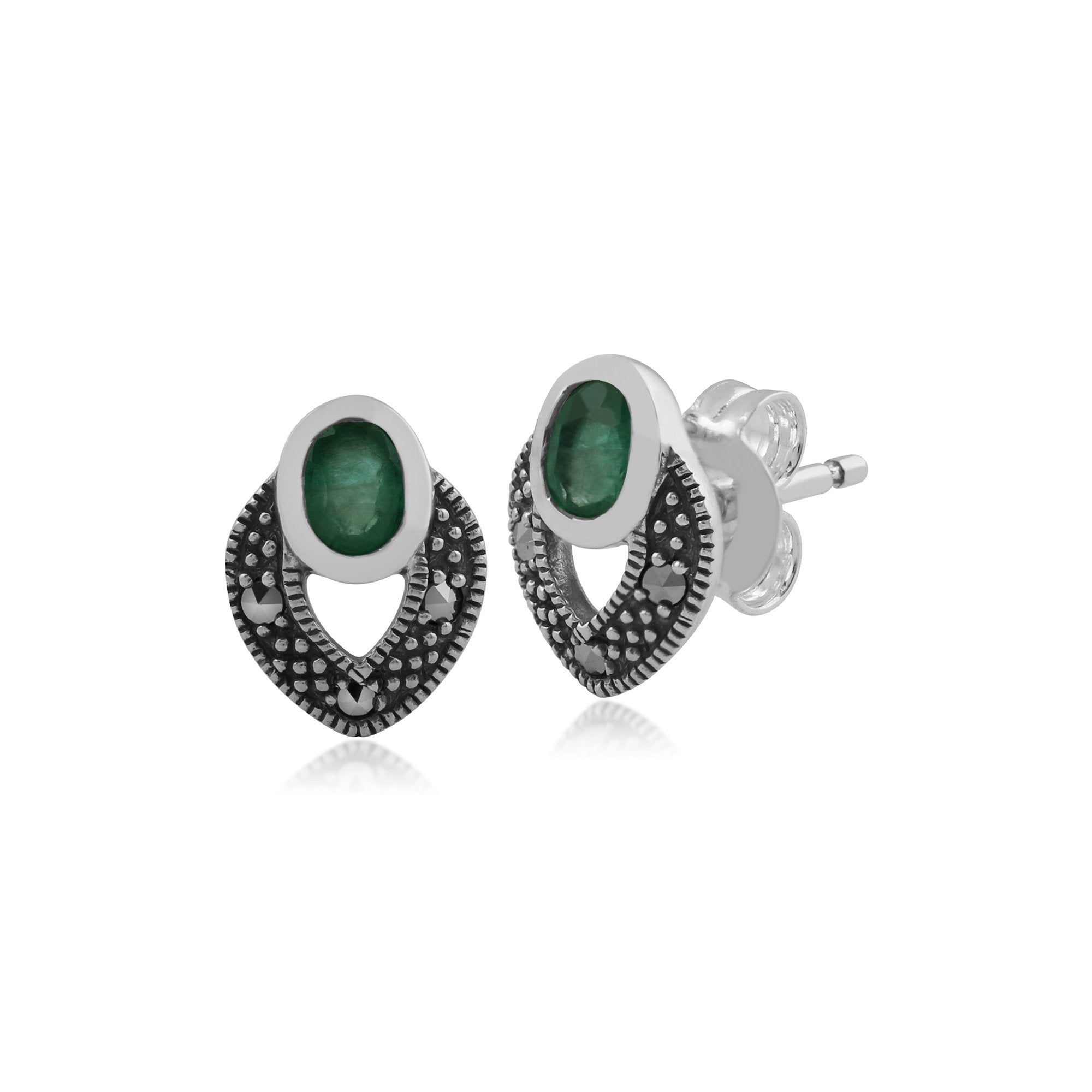 Art Deco Style Oval Emerald & Marcasite Stud Earrings & Pendant Set in 925 Sterling Silver