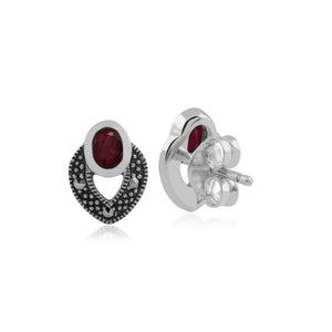 Art Deco Style Oval Ruby & Marcasite Stud Earrings in 925 Sterling Silver