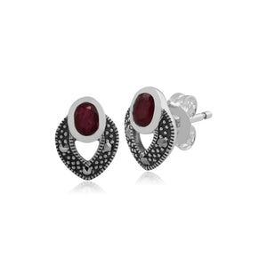 Art Deco Style Oval Ruby & Marcasite Stud Earrings in 925 Sterling Silver