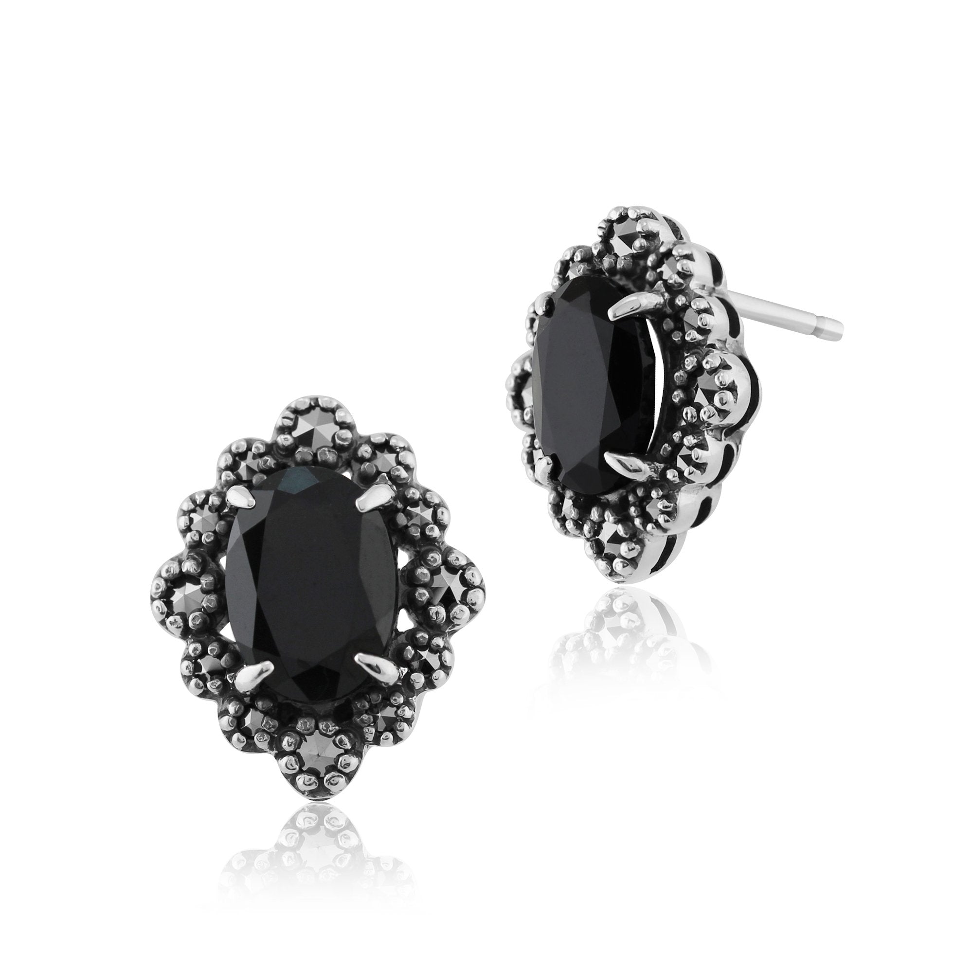 Art Deco Style Oval Black Spinel & Marcasite Stud Earrings in 925 Sterling Silver