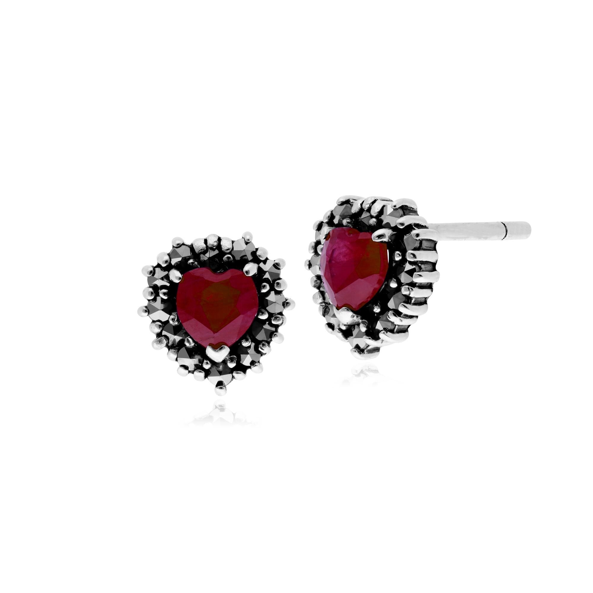 Gemondo Sterling Silver Ruby & Marcasite Heart Stud Earrings