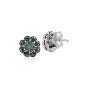 Floral Round Blue Topaz & Marcasite Cluster Stud Earrings in 925 Sterling Silver