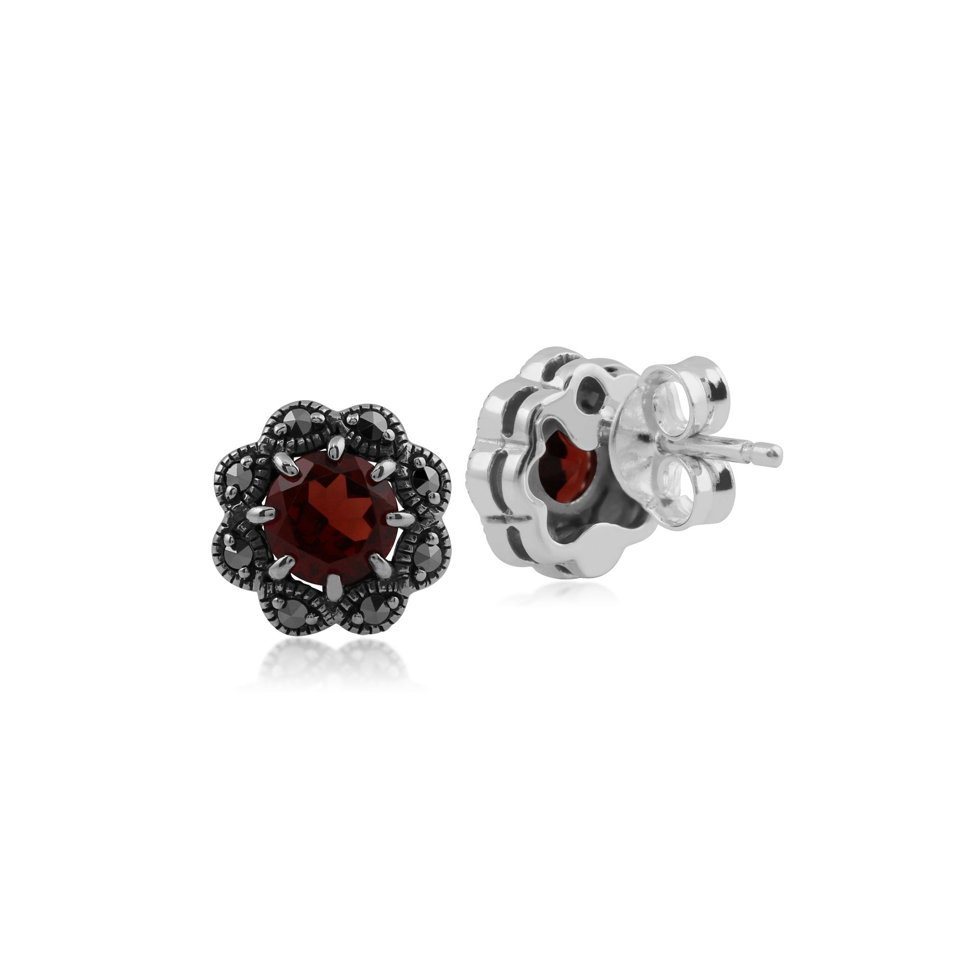 Floral Round Garnet & Marcasite Cluster Stud Earrings in 925 Sterling Silver