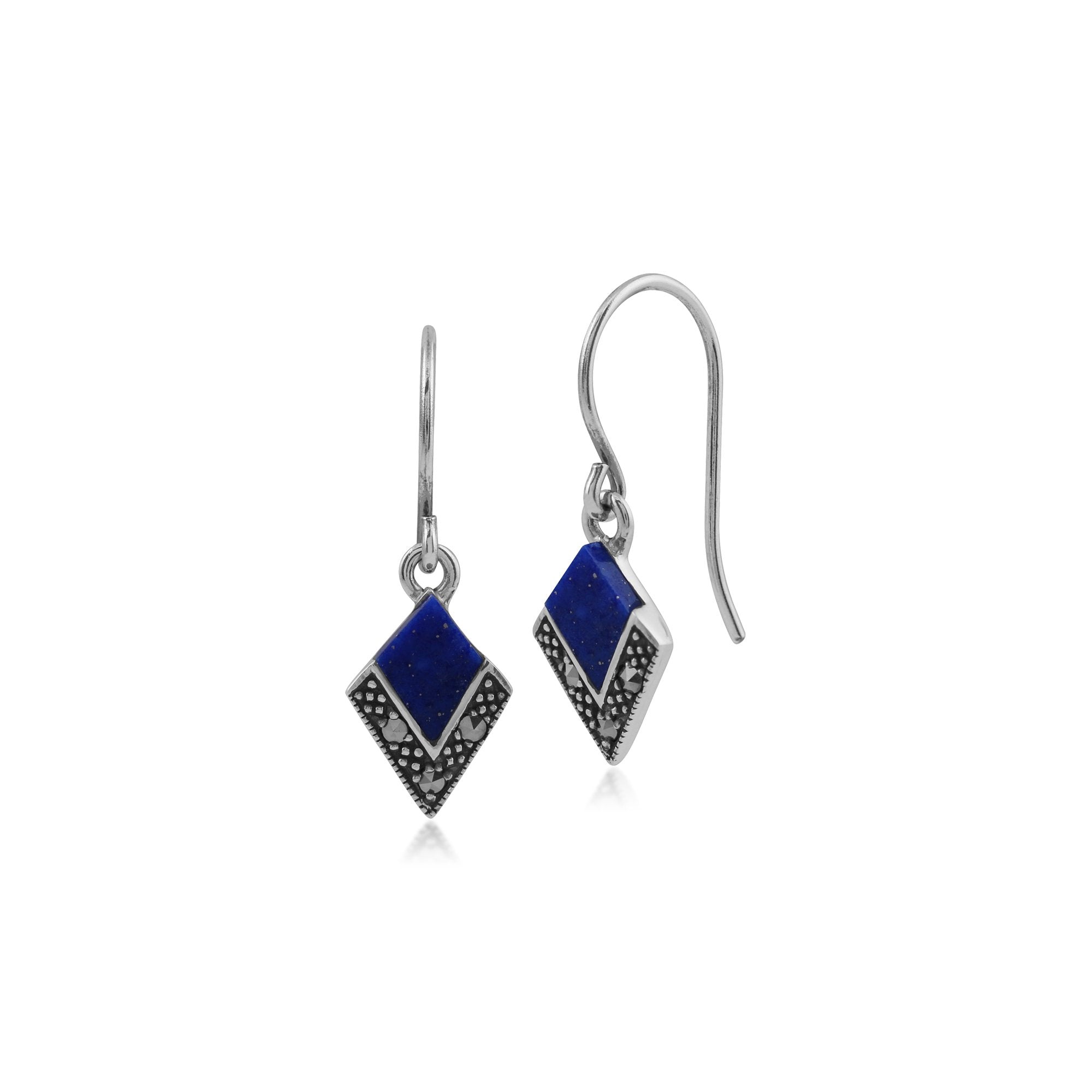 Art Deco Style Lapis Lazuli Cabochon & Marcasite Diamond Shape Drop Earrings in 925 Sterling Silver