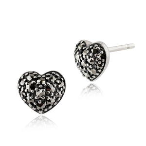 Classic Round Marcasite Pave Set Heart Stud Earrings in 925 Sterling Silver