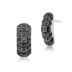 Art Deco Style Round Marcasite Stepped Stud Earrings in 925 Sterling Silver