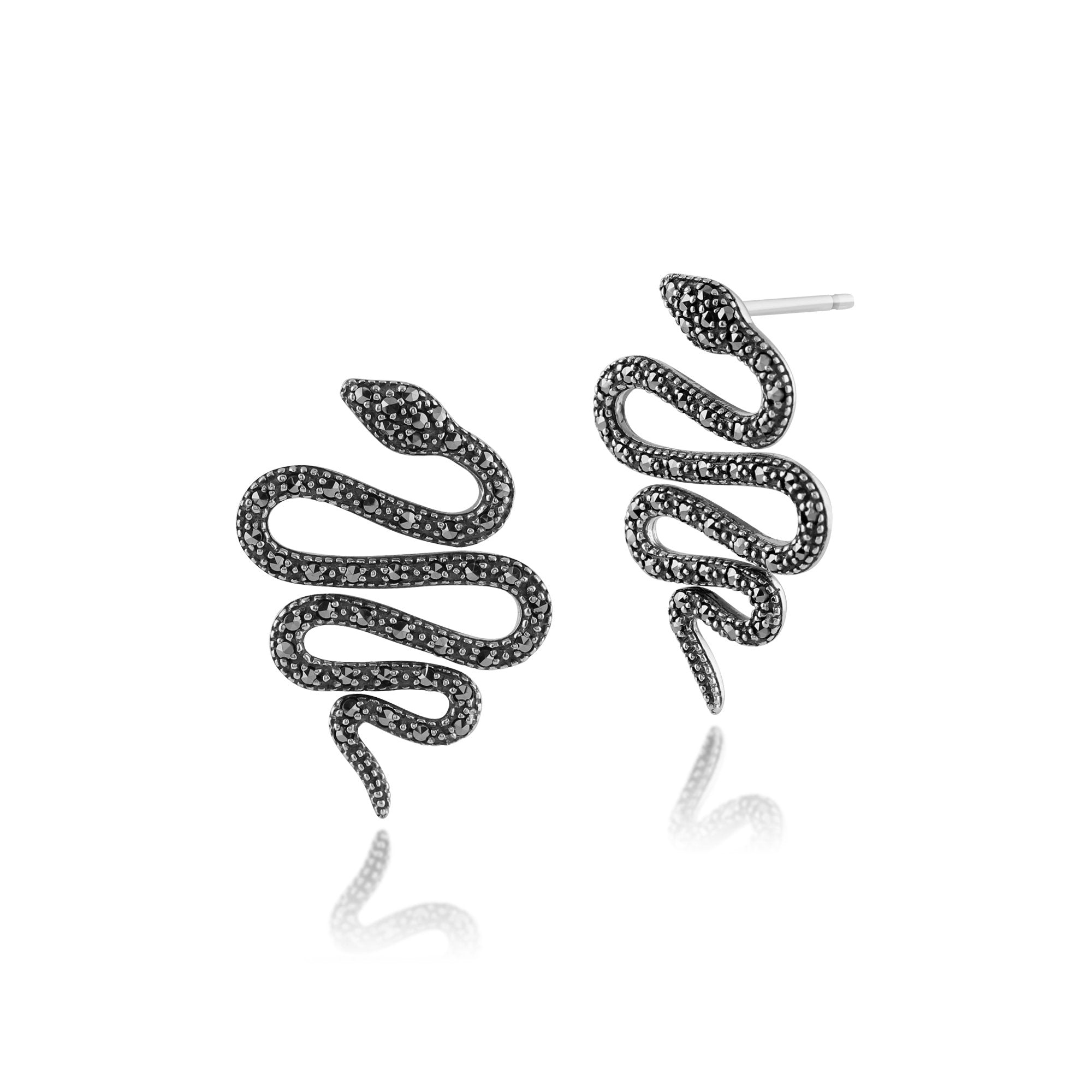 Art Nouveau Style Round Marcasite Snake Drop Earrings in 925 Sterling Silver