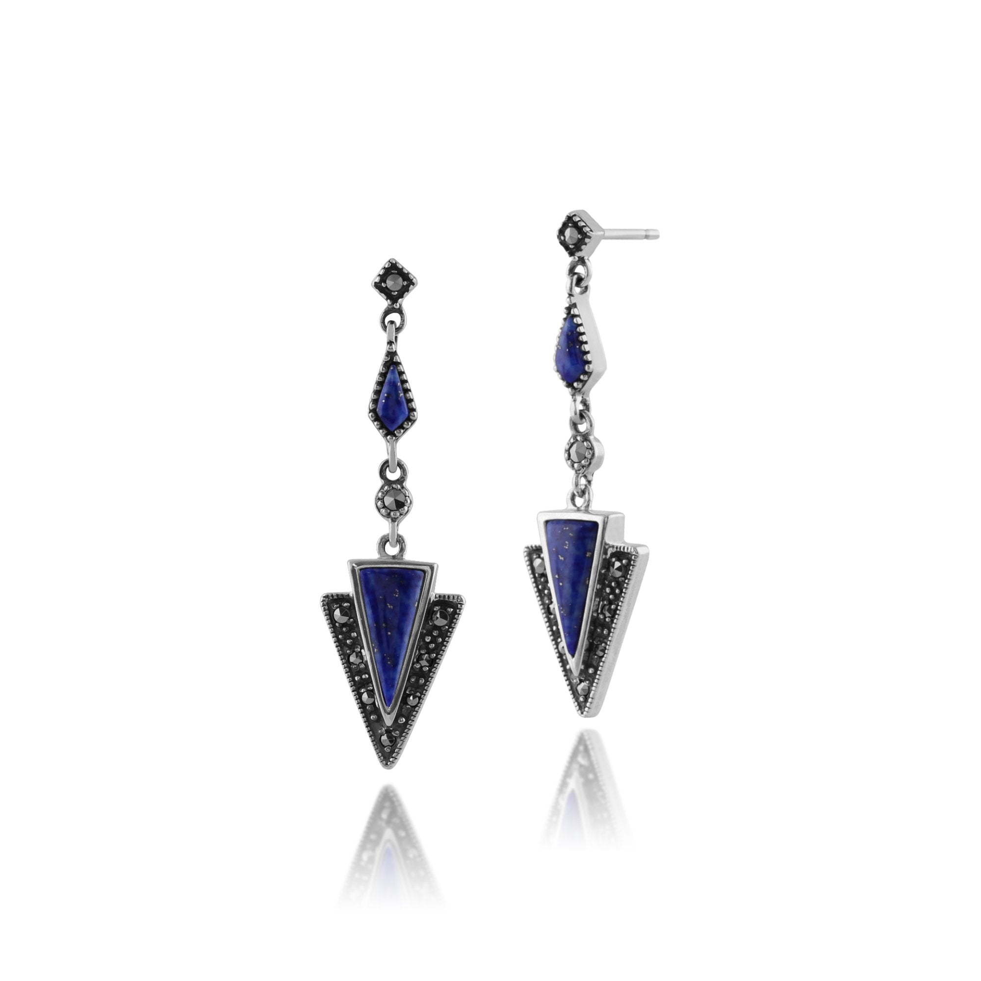 Art Deco Style Triangle Lapis Lazuli & Marcasite Drop Earrings in 925 Sterling Silver