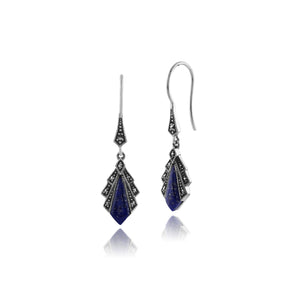 Art Deco Style Diamond Lapis Lazuli & Marcasite Drop Earrings in 925 Sterling Silver