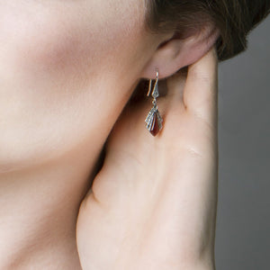 Art Deco Style Diamond Carnelian & Marcasite Drop Earrings In Sterling Silver