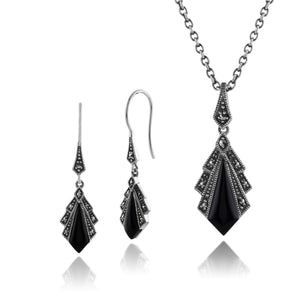 Art Deco Black Onyx & Marcasite Fan Drop Earrings & Pendant Set Image 1
