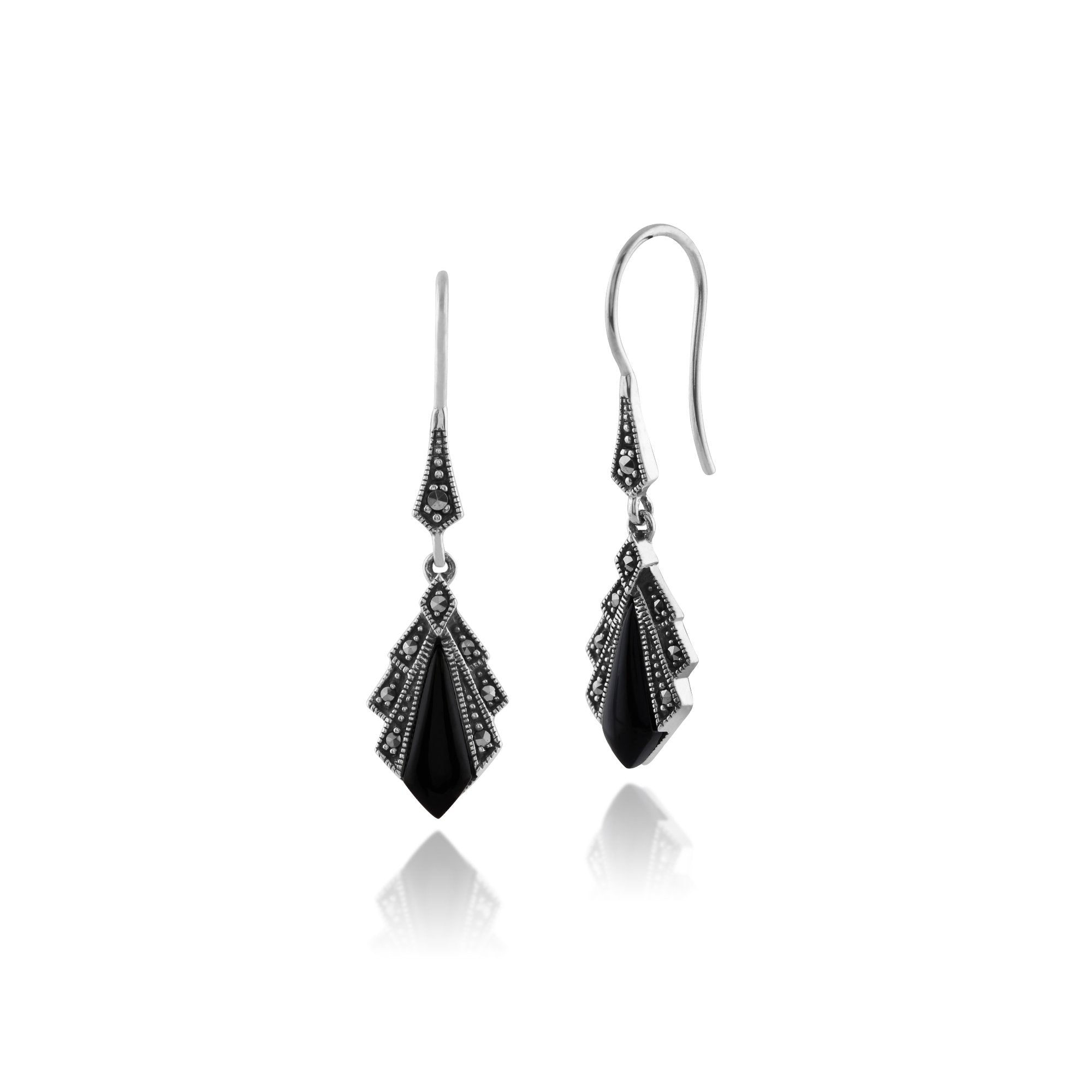 Art Deco Style Diamond Black Onyx & Marcasite Drop Earrings in 925 Sterling Silver