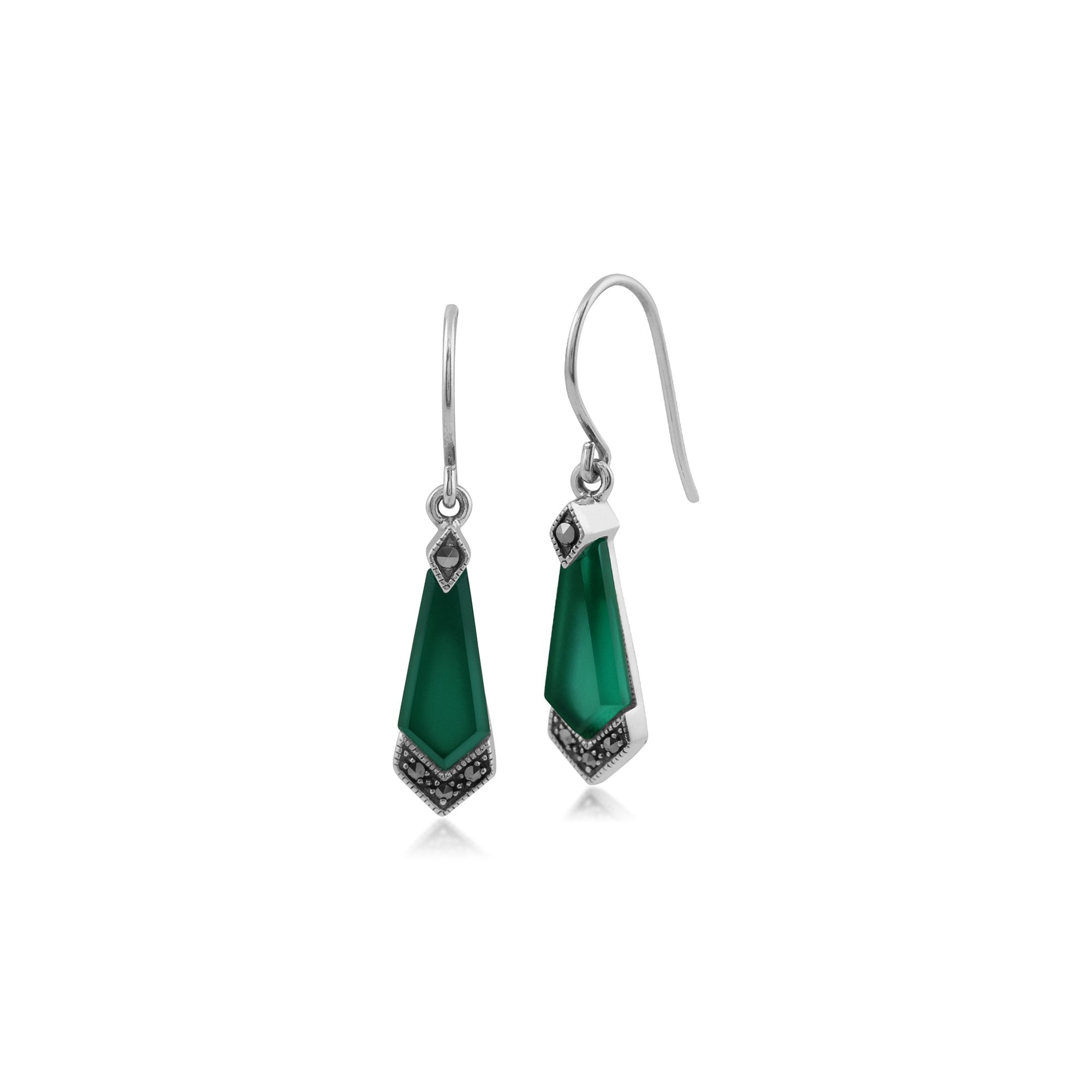 Art Deco Style Green Chalcedony & Marcasite Kite Drop Earrings in 925 Sterling Silver