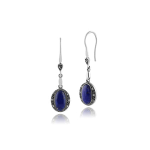 Art Deco Style Oval Lapis Lazuli Cabochon & Marcasite Drop Earrings in 925 Sterling Silver