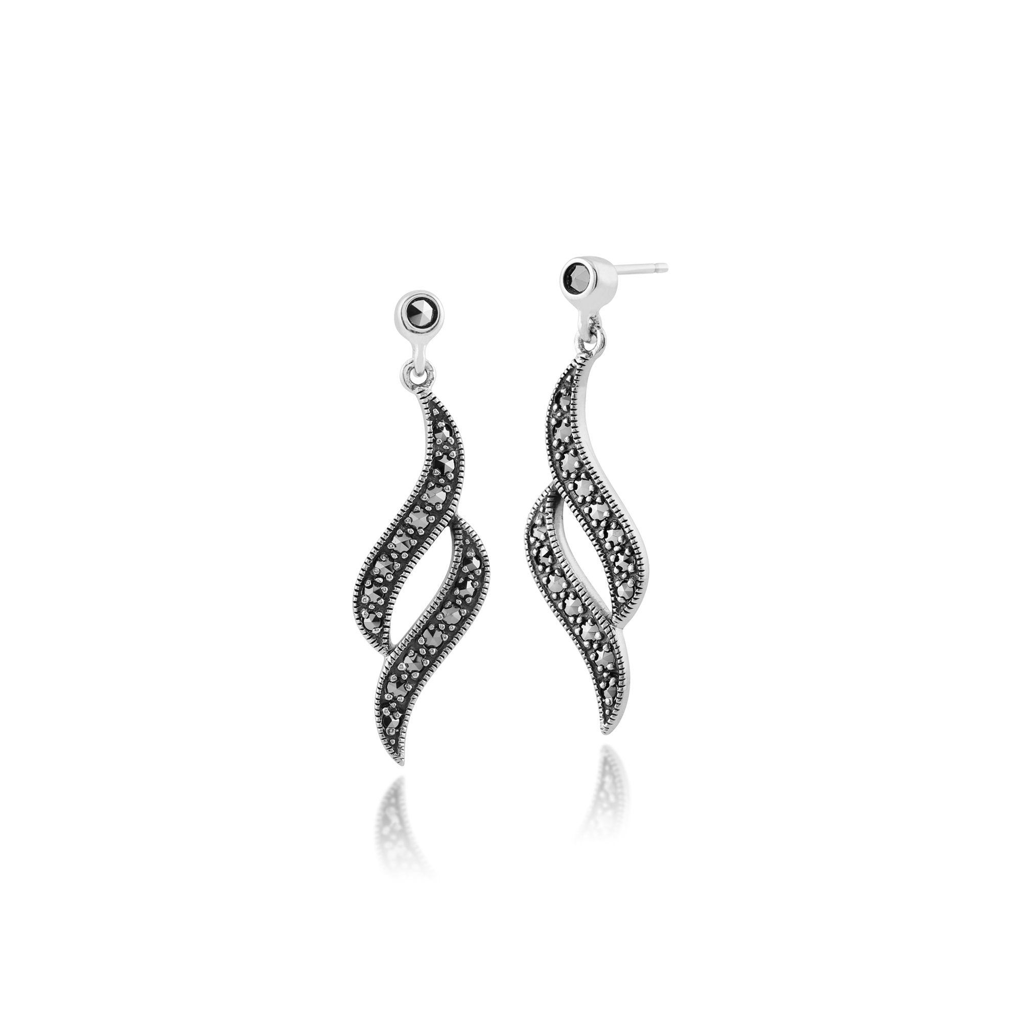 Art Nouveau Style Round Marcasite Swirl Drop Earrings in 925 Sterling Silver