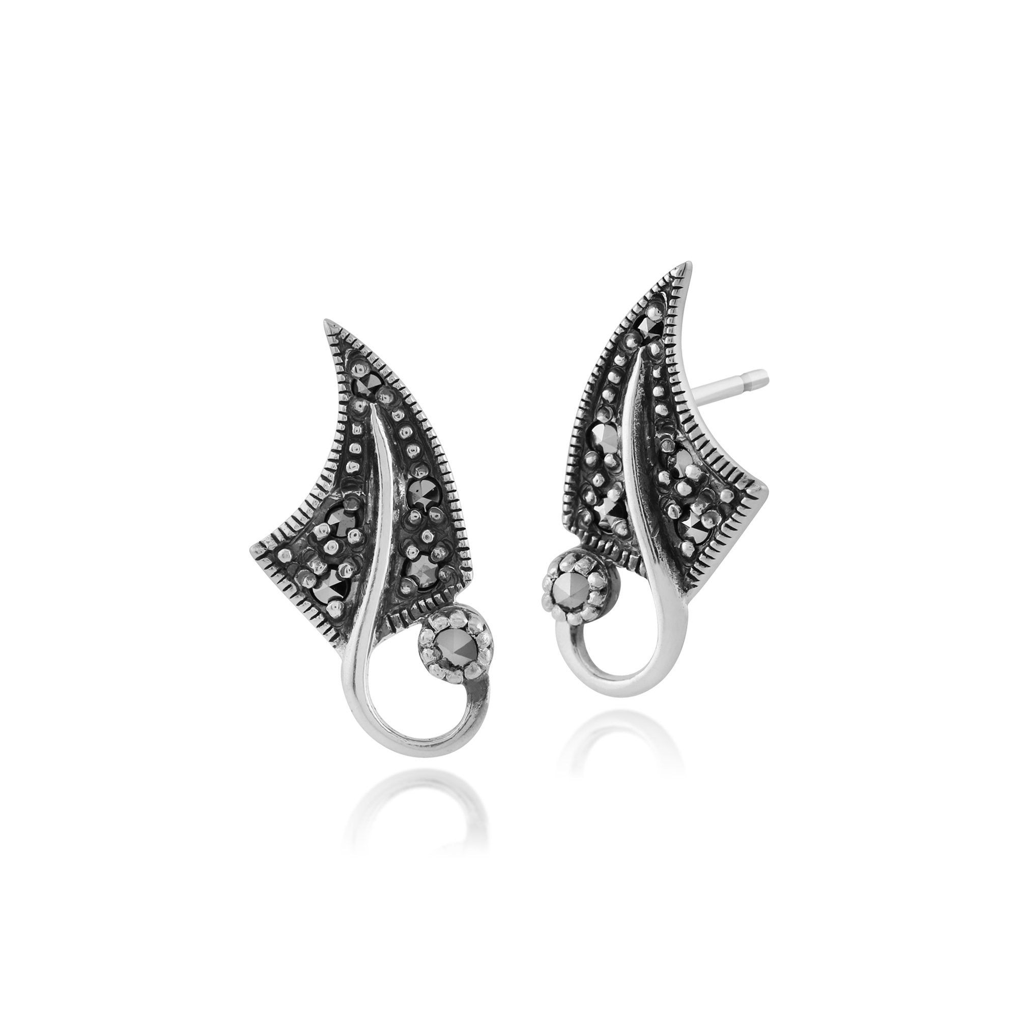 Art Nouveau Style Round Marcasite Leaf Stud Earrings in 925 Sterling Silver
