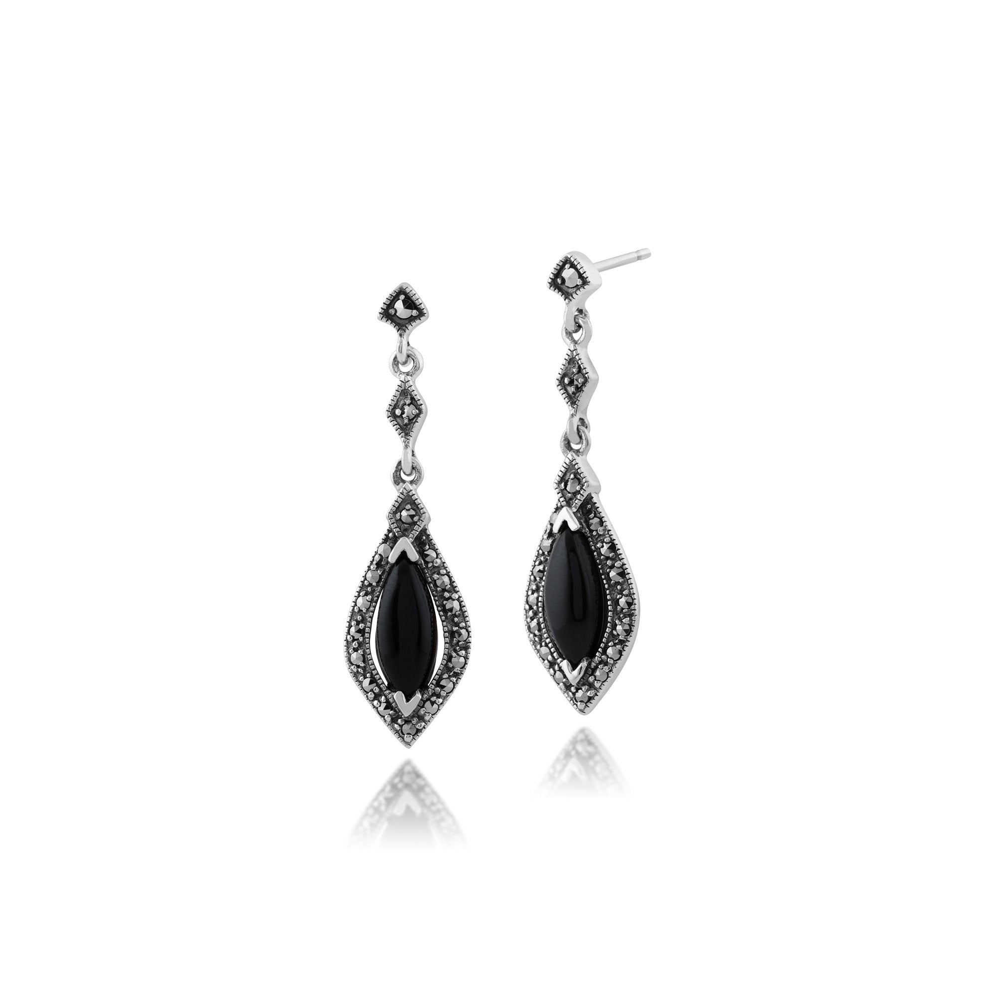 Art Deco Marquise Black Onyx & Marcasite Halo Drop Earrings in 925 Sterling Silver