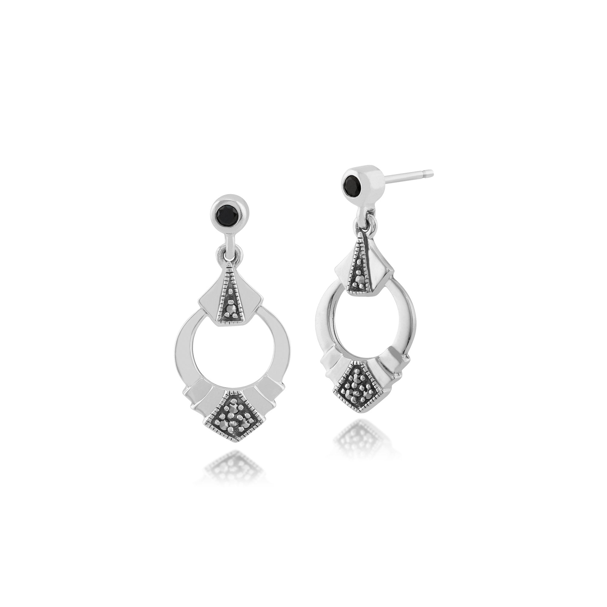 Art Deco Style Black Spinel & Marcasite Ring Drop Earrings in 925 Sterling Silver