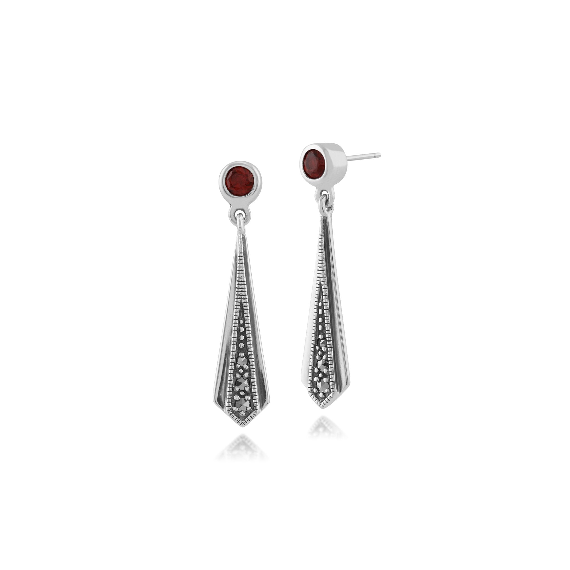 Art Deco Style Round Garnet & Marcasite Kite Drop Earrings in 925 Sterling Silver