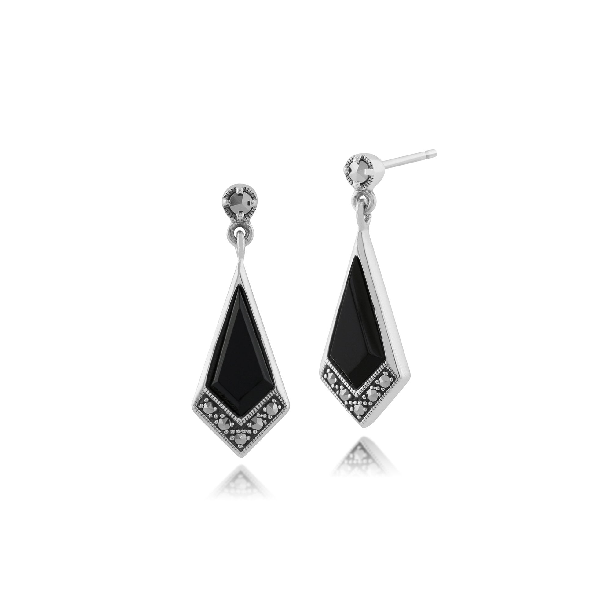 Art Deco Style Black Onyx & Marcasite Kite Drop Earrings in 925 Sterling Silver