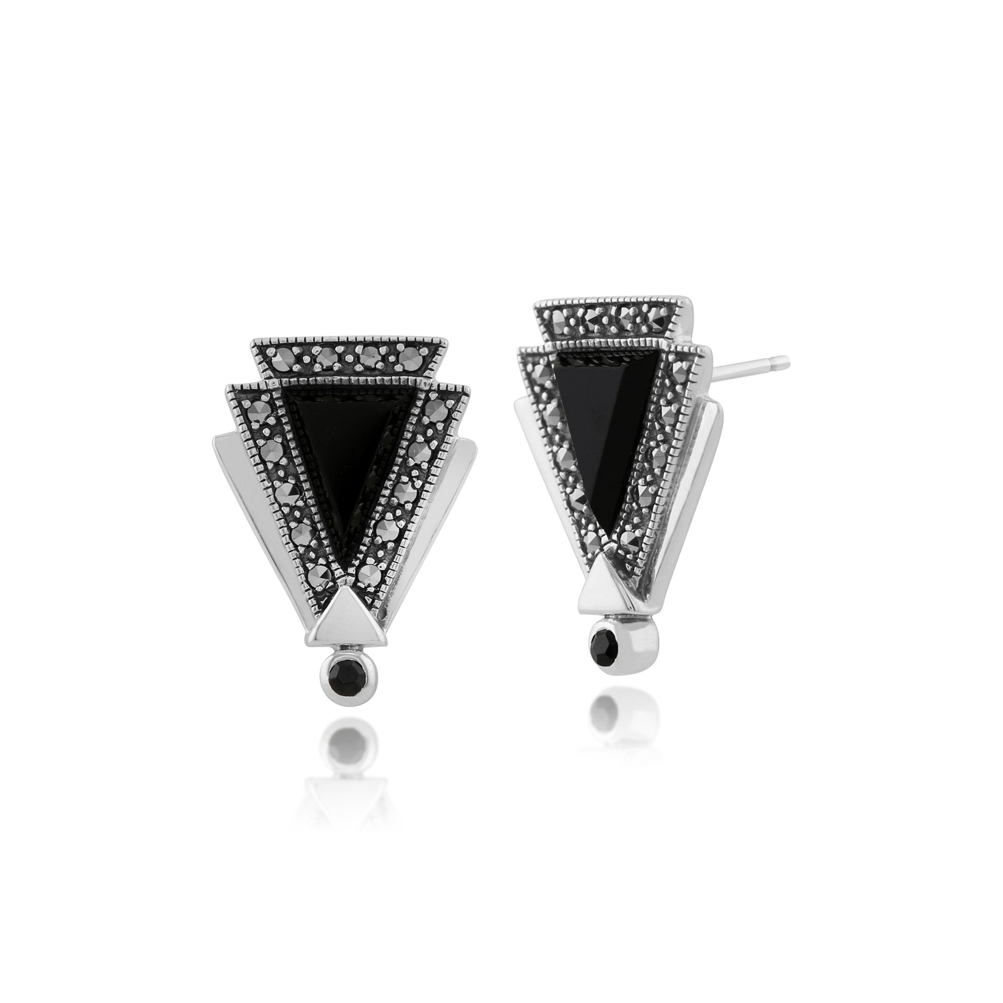 Art Deco Style Black Onyx, Marcasite & Black Spinel Triangle Stud Earrings in Sterling Silver