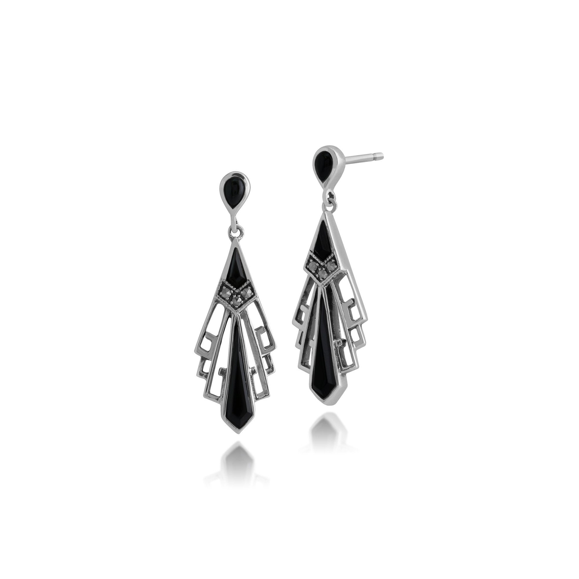 Art Deco Style Round Black Onyx & Marcasite Fan Drop Earrings in 925 Sterling Silver