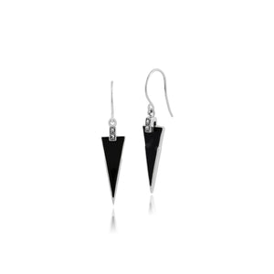 Art Deco Style Black Enamel & Round Marcasite Triangle Drop Earrings in 925 Sterling Silver