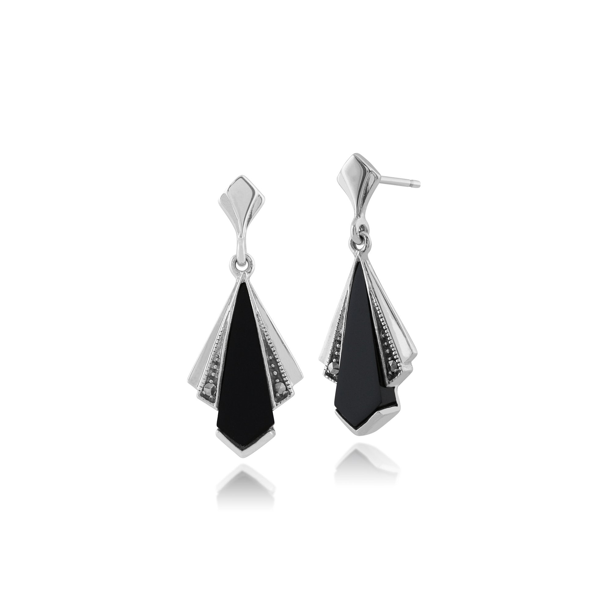 Art Deco Style Black Onyx & Marcasite Fan Drop Earrings in 925 Sterling Silver