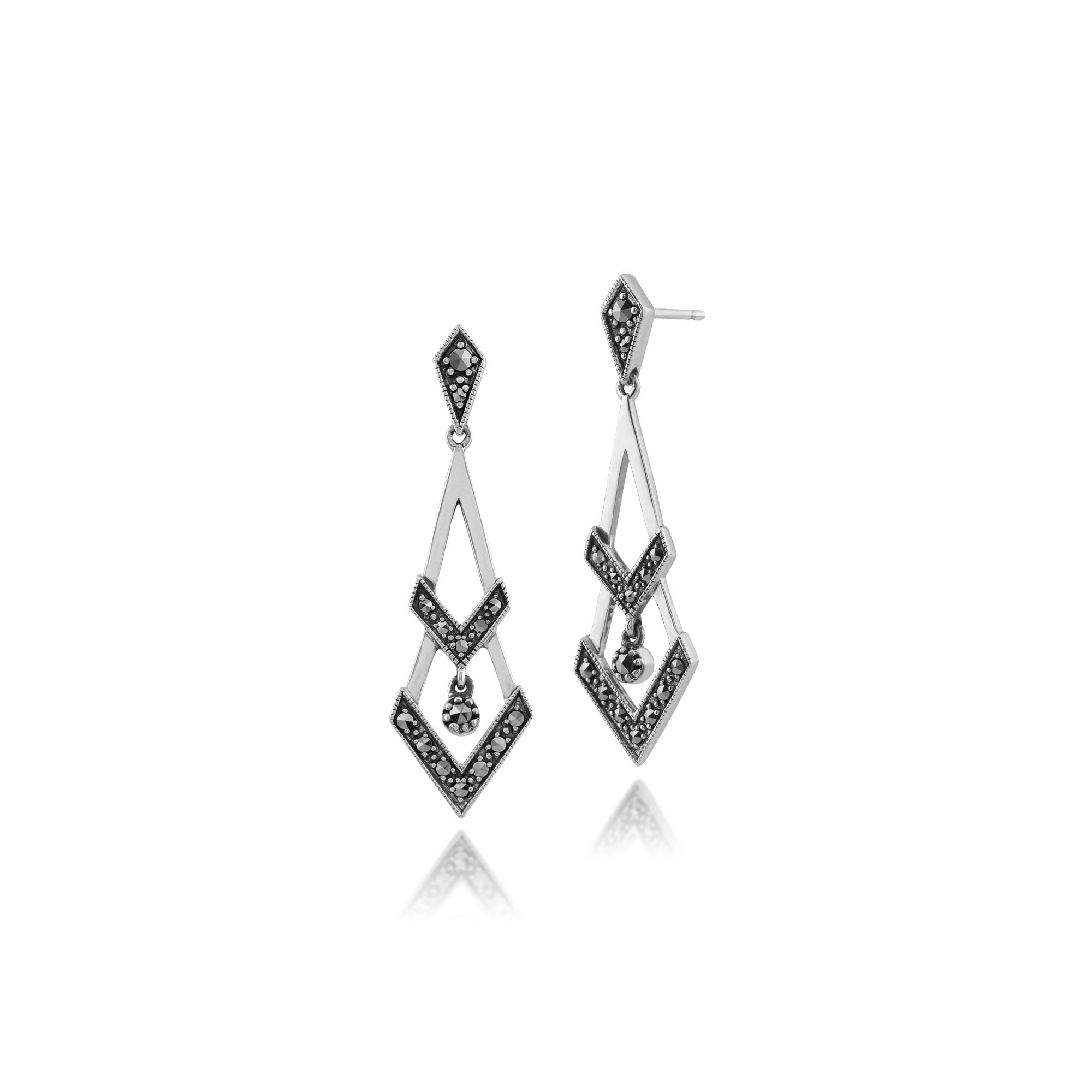 Art Deco Style Round Marcasite Open Work Triangular Drop Earrings in 925 Sterling Silver
