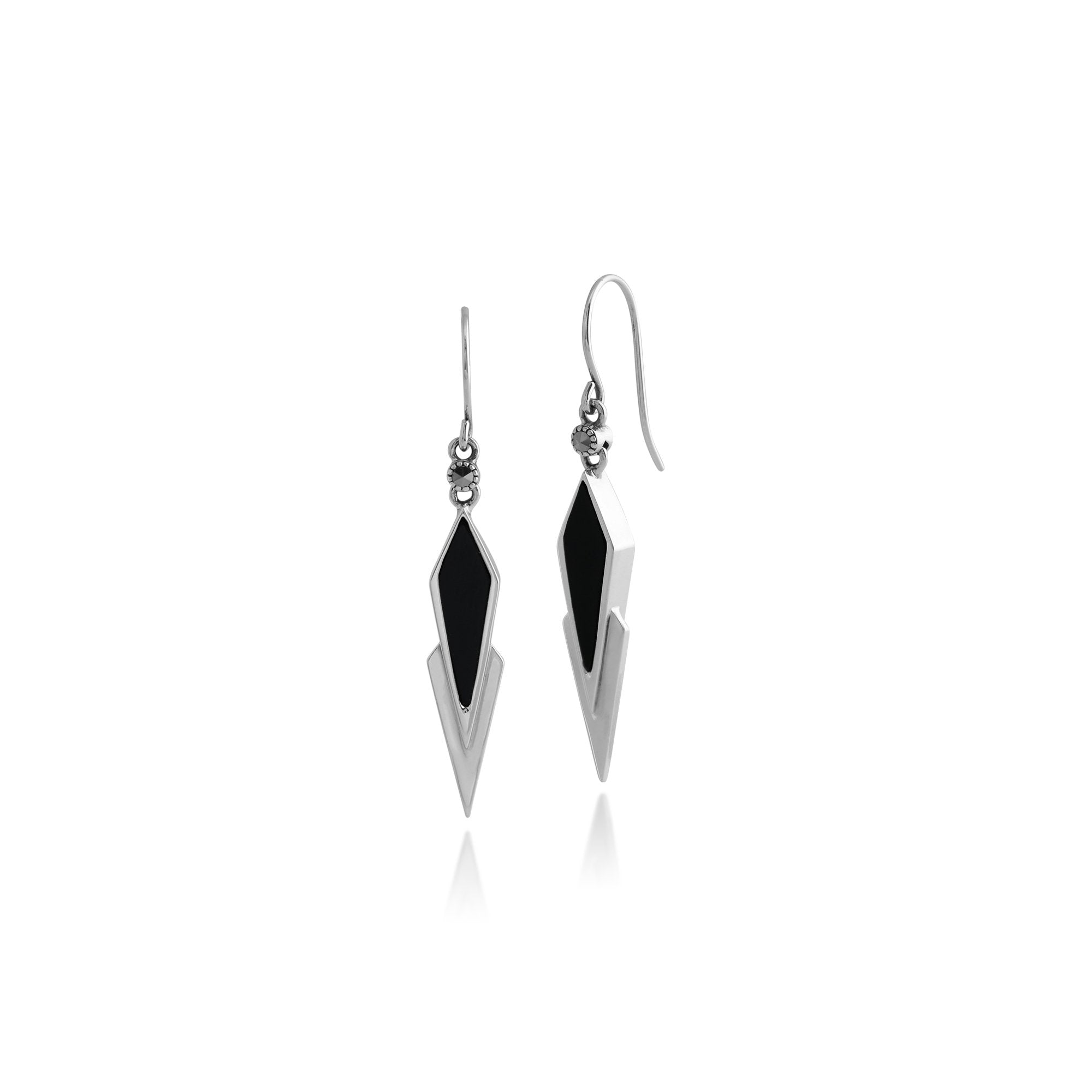 Art Deco Style Black Onyx & Marcasite Triangular Drop Earrings in 925 Sterling Silver