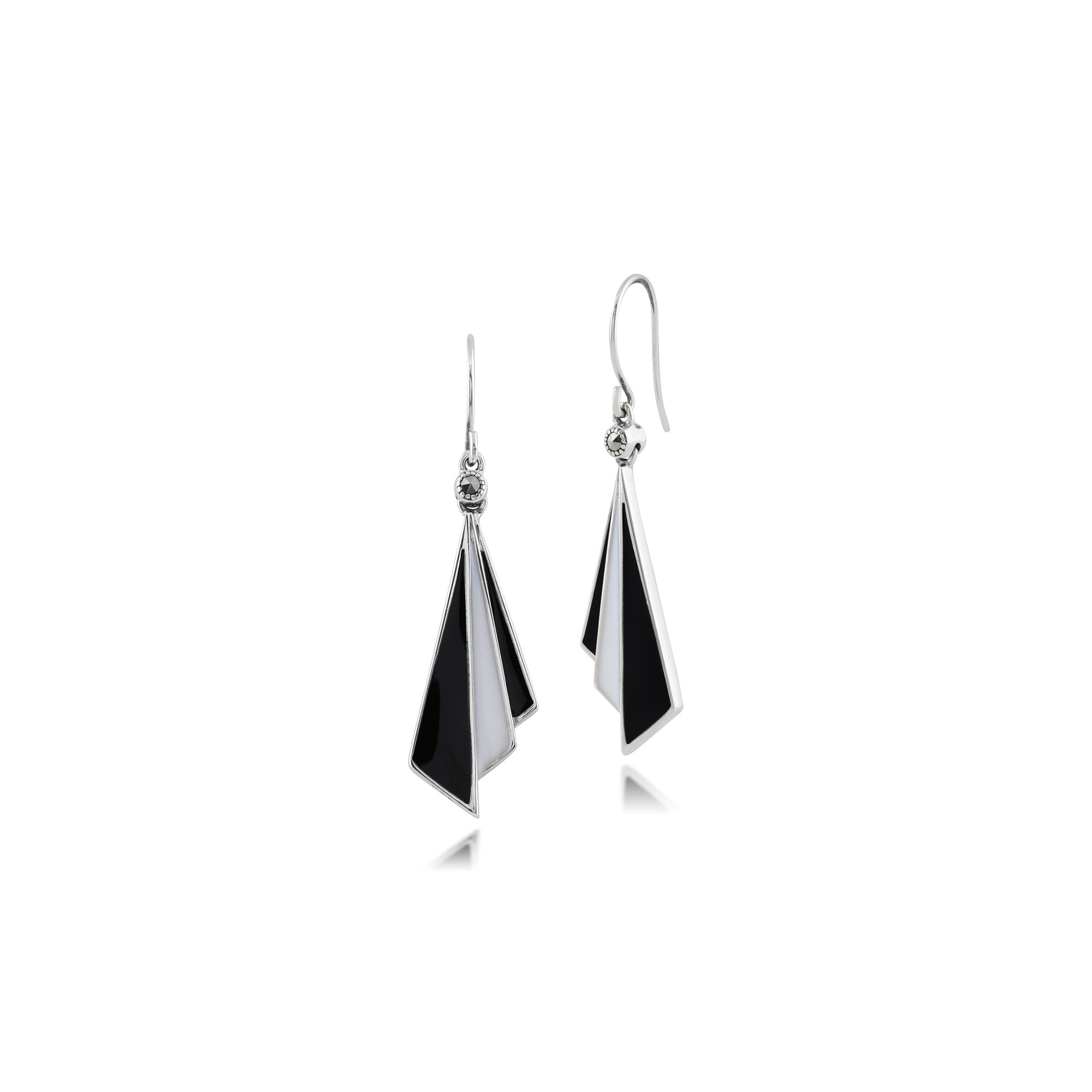 Art Deco Style Triangle Black & White Enamel Folded Fan Drop Earrings in 925 Sterling Silver