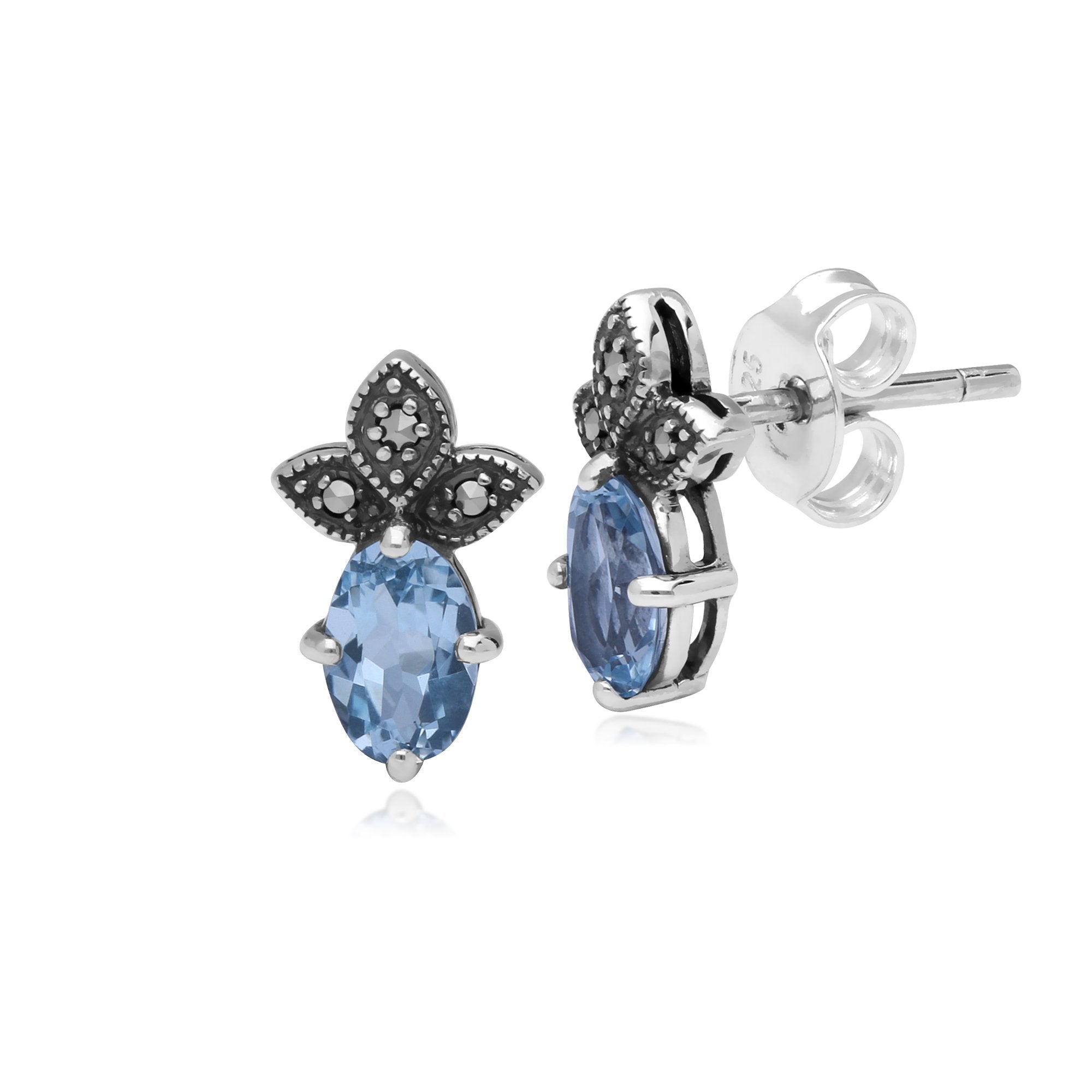 Art Deco Style Oval Blue Topaz & Marcasite Stud Earrings In Sterling Silver
