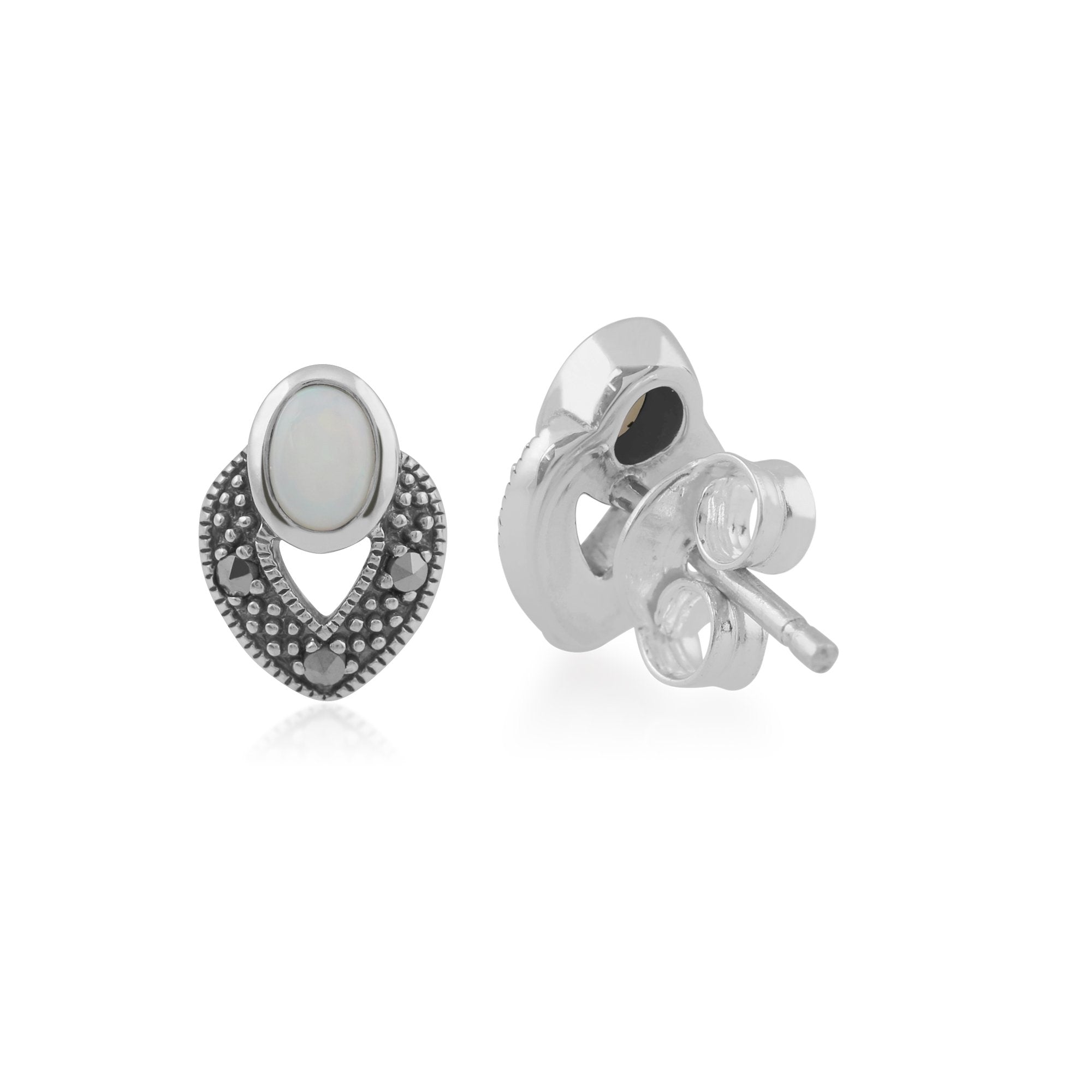 Art Deco Style Oval Opal & Marcasite Stud Earrings
