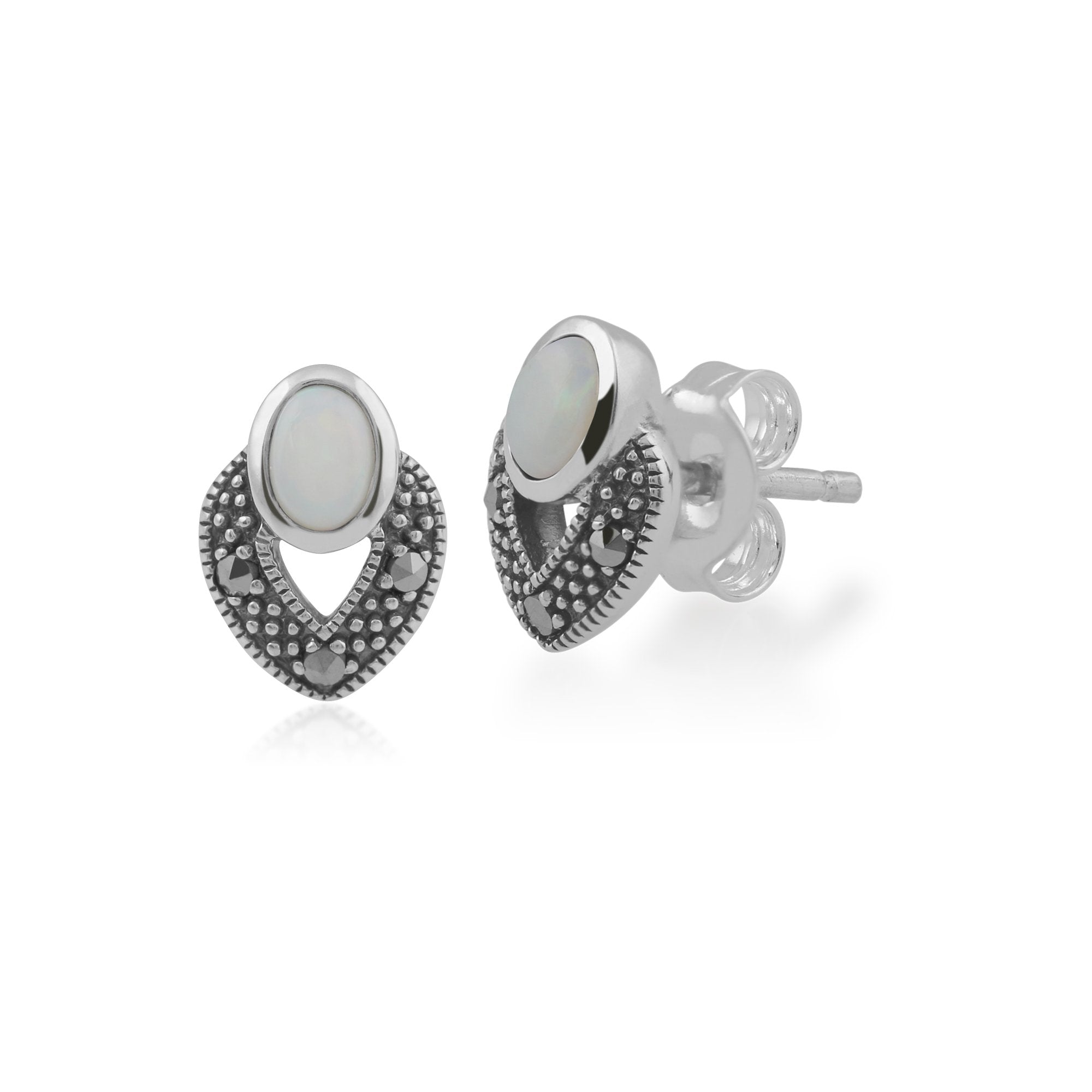 Art Deco Style Oval Opal & Marcasite Stud Earrings