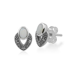 Art Deco Style Oval Opal & Marcasite Stud Earrings & Pendant Set in 925 Sterling Silver