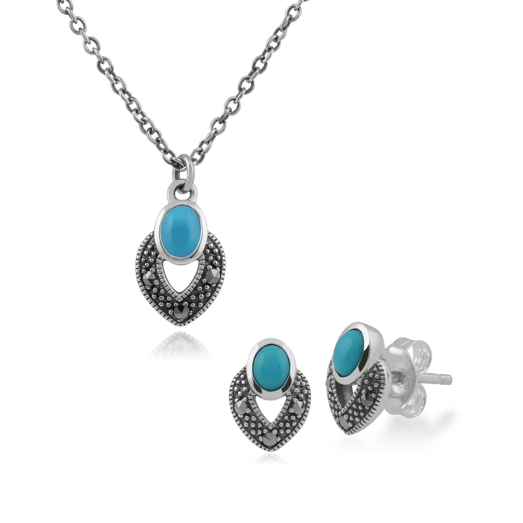 Art Deco Style Oval Turquoise & Marcasite Stud Earrings & Pendant Set in 925 Sterling Silver