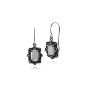 Art Deco Style Octagon Mother of Pearl & Marcasite Drop Earrings in 925 Sterling Silver