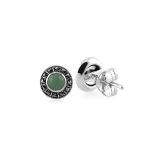 Art Deco Style Round Green Jade & Marcasite Halo Stud Earrings in 925 Sterling Silver