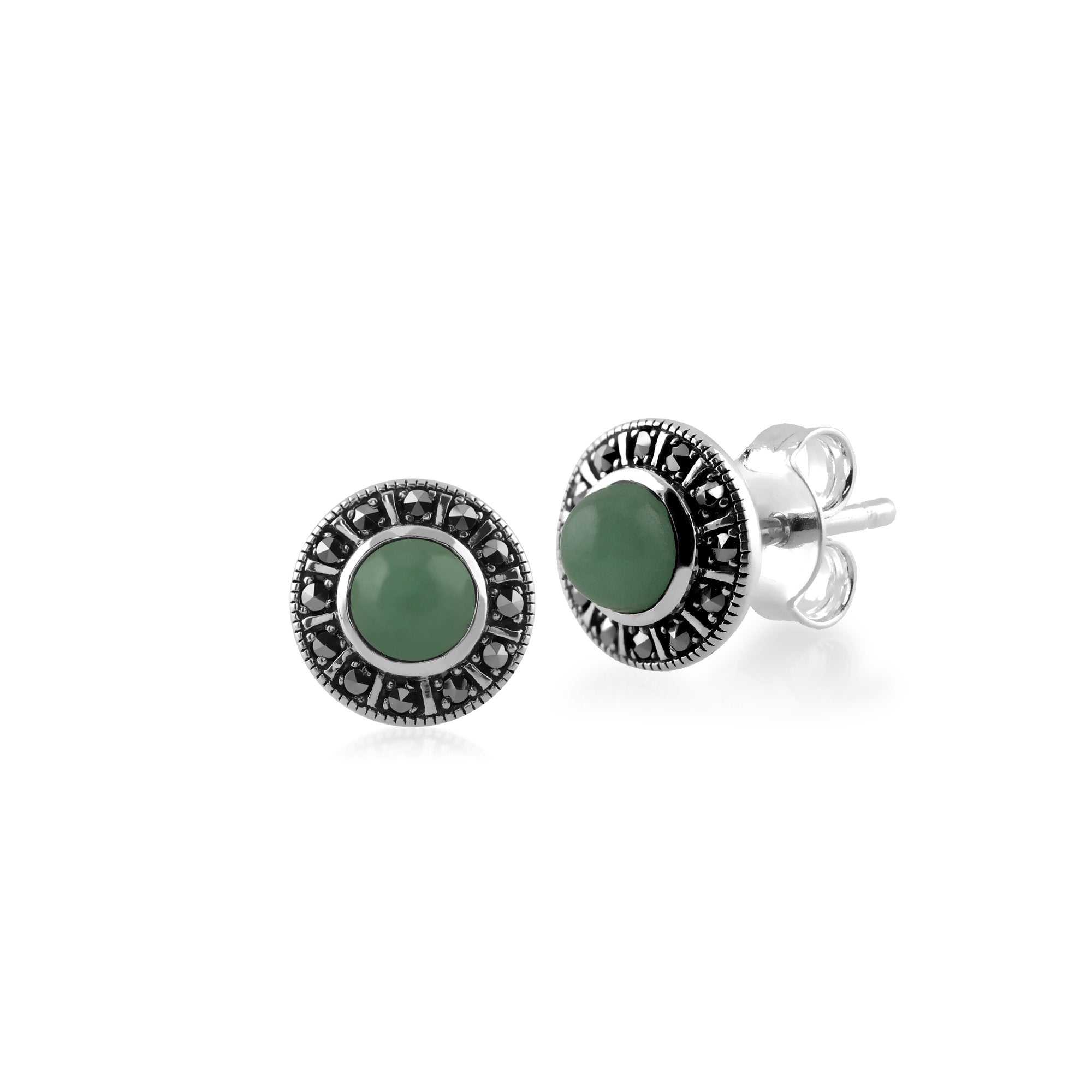 Art Deco Style Round Green Jade & Marcasite Halo Stud Earrings in 925 Sterling Silver