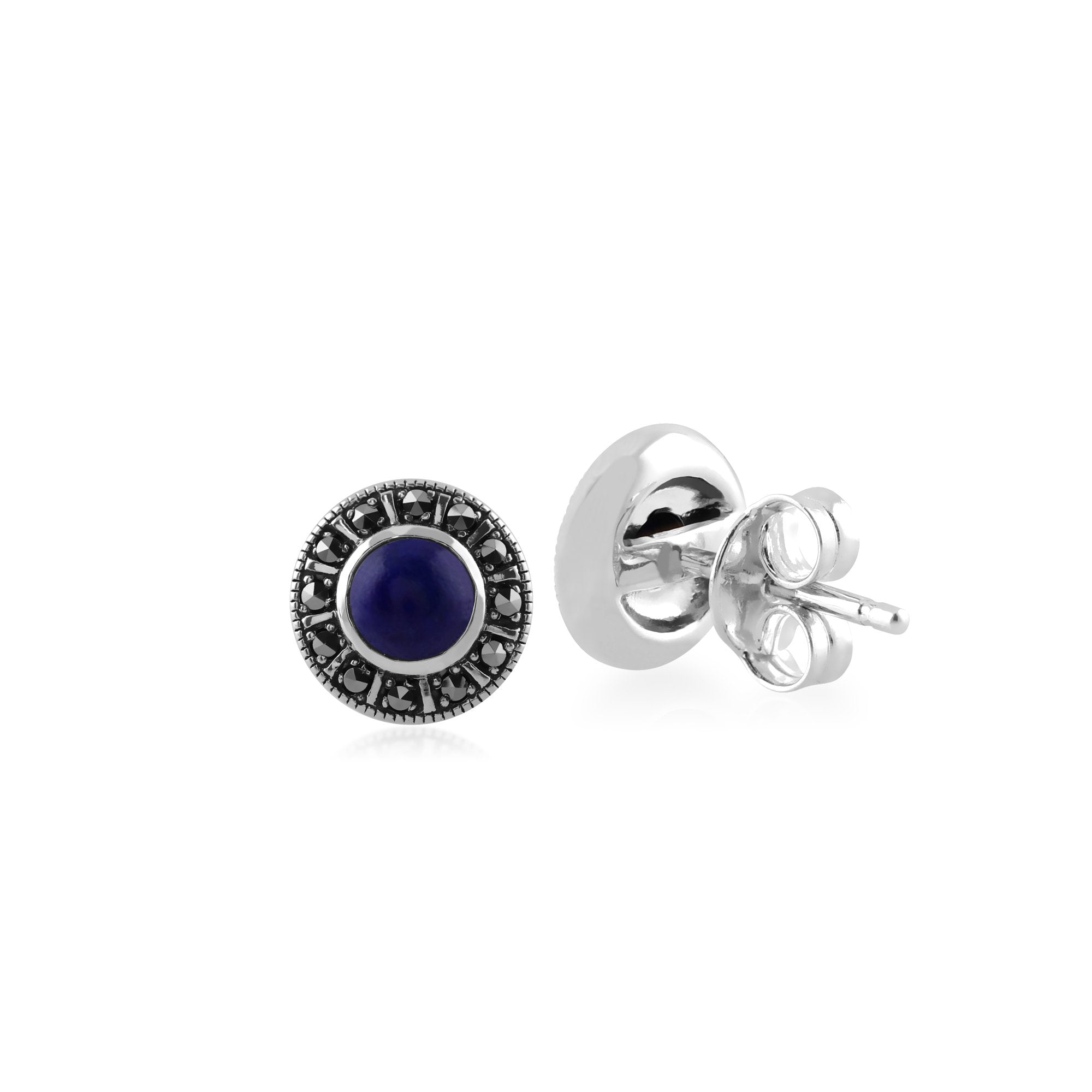Art Deco Style Round Lapis Lazuli & Marcasite Halo Stud Earrings in 925 Sterling Silver