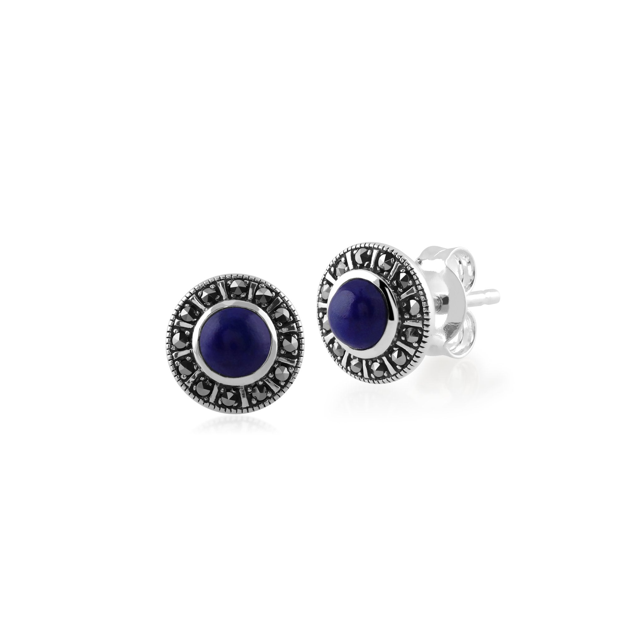 Art Deco Style Round Lapis Lazuli & Marcasite Halo Stud Earrings in 925 Sterling Silver