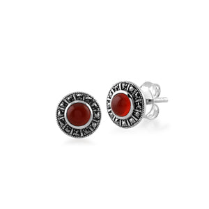 Art Deco Style Round Red Carnelian & Marcasite Halo Stud Earrings in 925 Sterling Silver