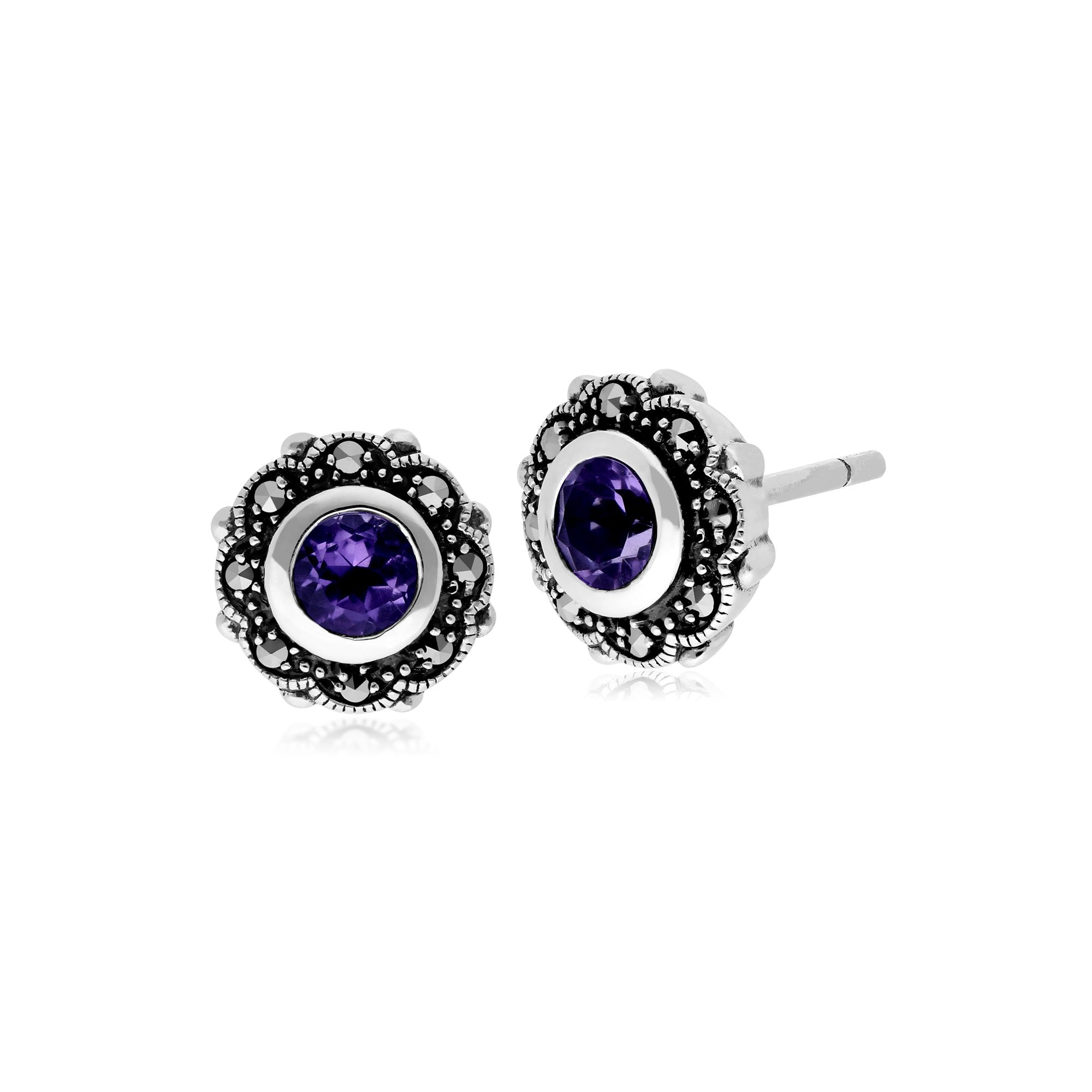 Art Nouveau Style Round Amethyst & Marcasite Floral Stud Earrings in 925 Sterling Silver