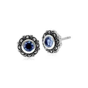 Art Nouveau Style Round Blue Topaz & Marcasite Floral Stud Earrings in 925 Sterling Silver