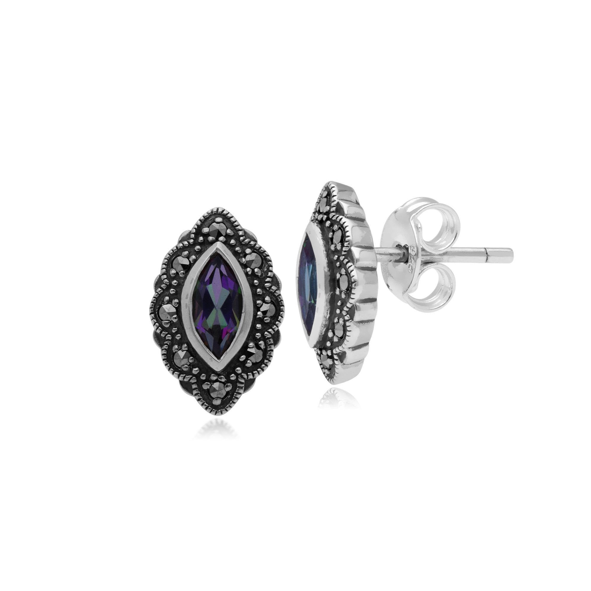 Art Nouveau Marquise Mystic Topaz & Marcasite Stud Earrings in 925 Sterling Silver